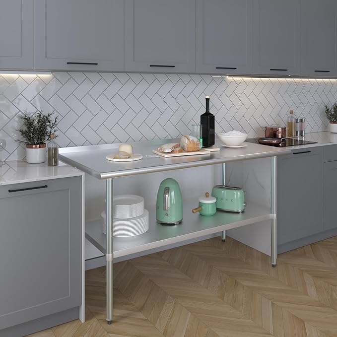AmGood Stainless Steel Work Table with 1.5" Backsplash | Metal Kitchen Food Prep Table | NSF (60" Long x 30" Deep)