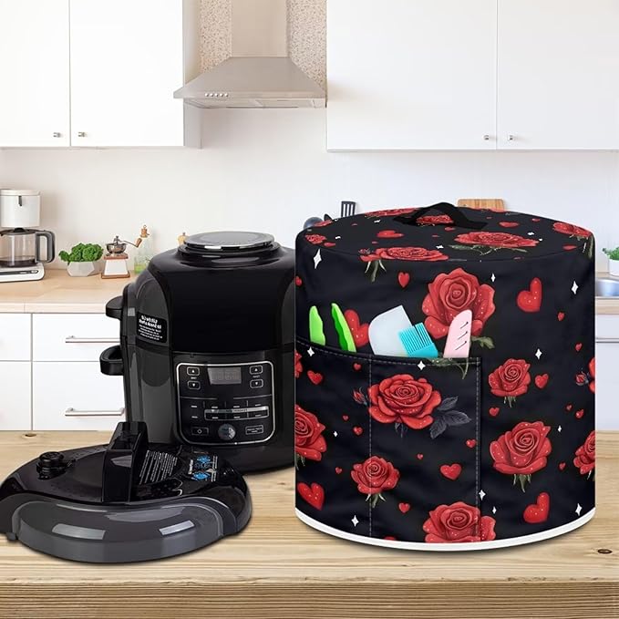 Pressure Cooker Cover for Women,Insulated Rice Cooker Cover with Easy to Clean Red Rose Waterproof Dust Cover with Pockets for Instant Pot 3 Quart Appliance Cover