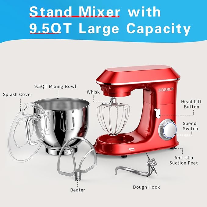 Electric Stand mixer, 9.5QT 660W 6 Speeds Tilt-Head Dough Mixers, Bread Mixer with Dough Hook, Whisk, Beater, Splash Guard for Baking Bread, Cake, Cookie, Pizza, Muffin, Salad and More (Red)