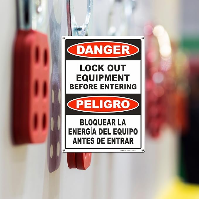 Brimar - 10 x 14" - Bilingual Danger Lock Out Equipment Sign - Polyethylene Plastic - Bilingual Design - Easy Installation