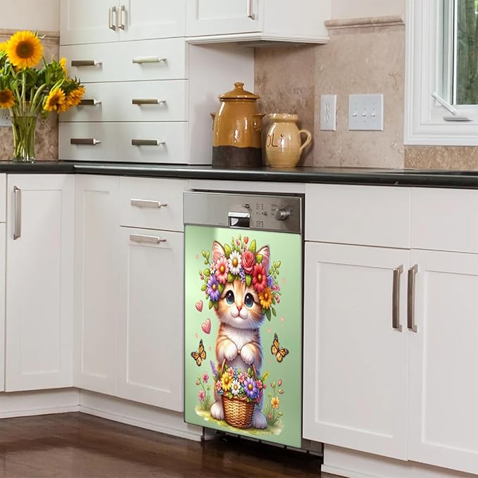 cat Flower sage Green Dishwasher Magnet Cover for The Front Dishwasher Door Cover Panel Decals Magnetic Refrigerator Cover for Kitchen Farmhouse Home Decor 23 X 26 in