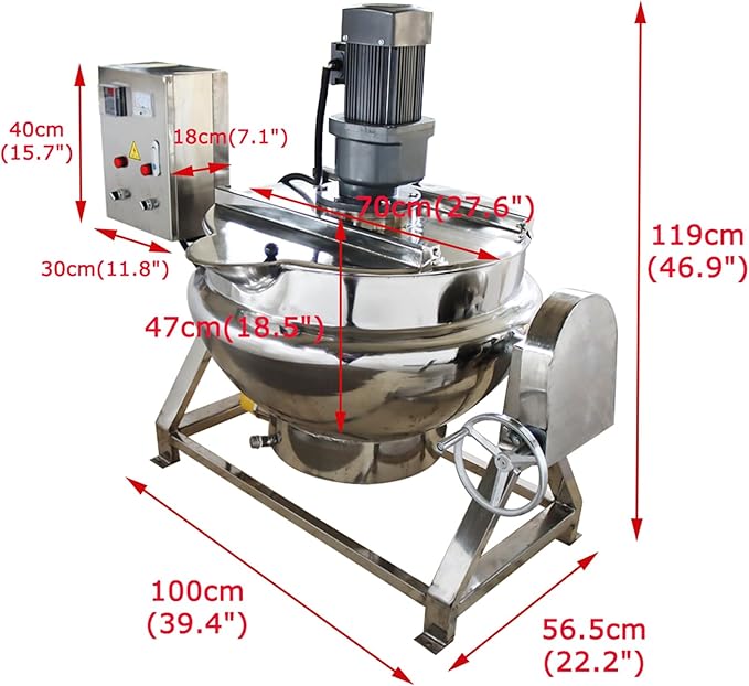 Jacketed Kettle 13.2Gallon/50L Sandwich Pot Large Electronic Tilting Sugar Jam Gas Boiling Machine Commercial Electric Jacketed Pot with Stirring and Edge Scraping 220V Three-phase 750W