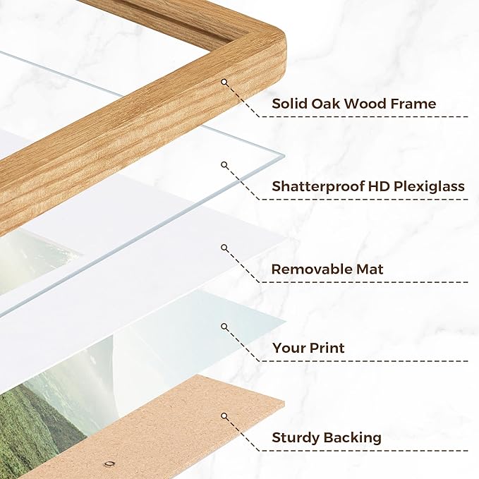 5x7 Picture Frame, 5 by 7 Photo Frames for Wall & Tabletop Display, Solid Oak Wood Frames with Plexiglass, 5x7 Frame Matted to 4x6, Light Wood 5 x 7 Gallery Wall Frame set, Natural Oak Color, 1 Pack