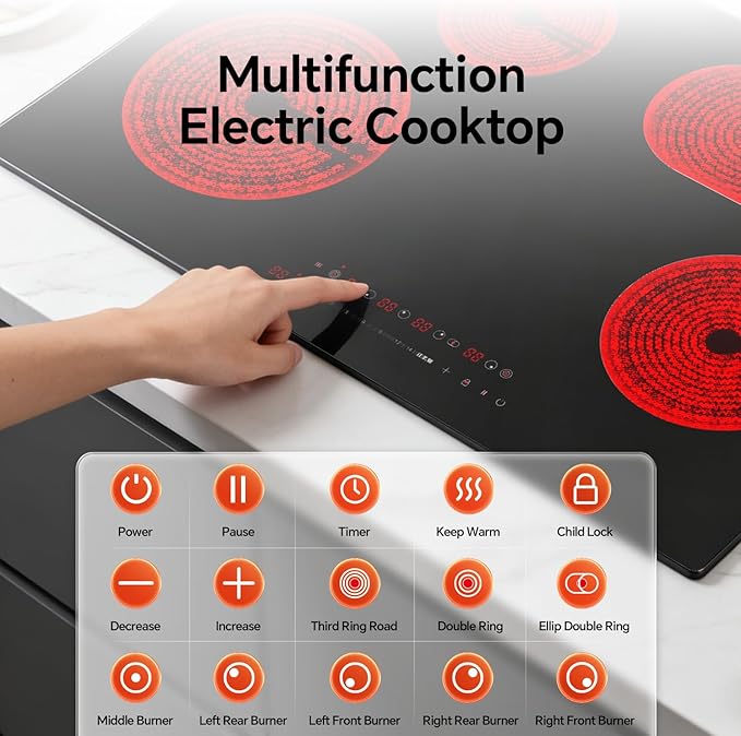Ranein Electric Cooktop with 4 Burners, 30 inch 7900W 240V Ceramic Panel Electric Cooktop, Multiple Safety Protections Stove, Touch Screen
