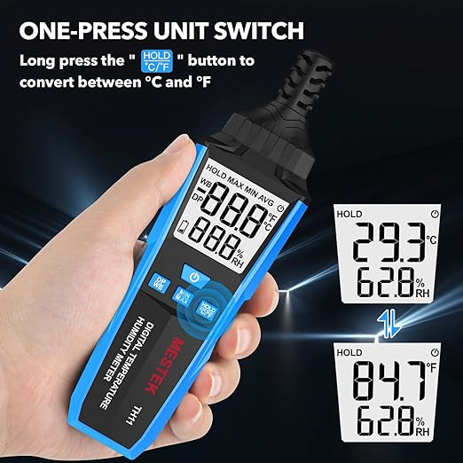 MESTEK Temperature Humidity Meter, High Precision Digital Hygrometer with Ambient, Dew Point, Wet Bulb Temperature for Indoor Outdoor, Thermometer with Min/Max, Data Hold, LCD Backlight, TH11