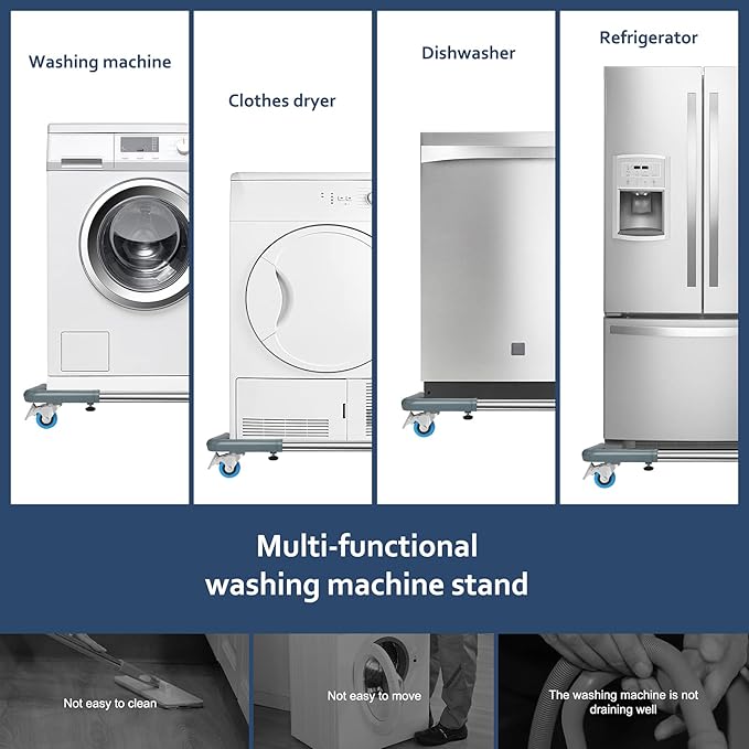 SPACECARE Mini Fridge Stand Mobile Roller, Adjustable Furniture Dolly with 4 Locking Wheels, Heavy Duty Washing Machine Base, Universal Appliance Pedestal for Dryer and Refrigerator- Grey