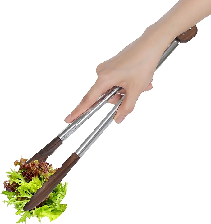 Wooden Tongs for Cooking, 15 Inch Kitchen Walnut Wood Tong with Stainless Steel Handle, Utensils for Food Serving, Salad, Toaster, Grilling, BBQ
