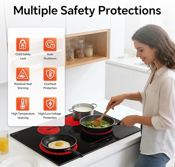 Ranein Electric Cooktop with 4 Burners, 30 inch 7900W 240V Ceramic Panel Electric Cooktop, Multiple Safety Protections Stove, Touch Screen