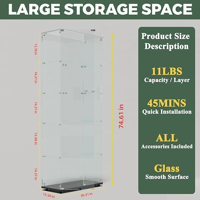 Glass Display Cabinet with LED Light Strip, 5 Shelves with 2 Doors, Glass Top Curio Storage Cabinets with Lock & Caster for Living Room,Floor Standing Bookshelf, Quick Installation - Black