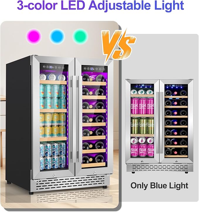 24'' Wine and Beverage Refrigerator, 4.5 Cu. Ft. Dual Zone Wine Fridge with RGB Lights French Door Intelligent Control Advanced Compressor Under Counter Cooler for Outdoor Kitchen Bar Gift Black
