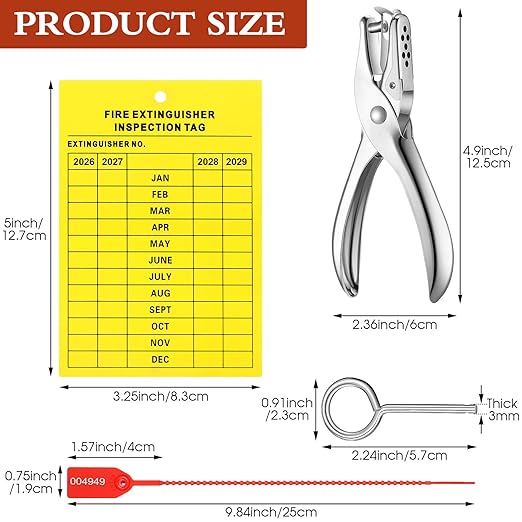 Chunful Fire Extinguisher Inspection Tags Set Including 2025-2028 Maintenance Plastic Tamper Seals Fire Extinguisher Pull Pins Numbered Security Tags with Handheld Hole Puncher(76 Pieces)