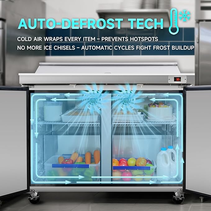 48"W Commercial Sandwich Prep Table Refrigerator - Stainless Steel Door with 12 Pans, 14 Cu.Ft Capacity, Auto Defrost, Digital Temperature Control for Restaurants, Delis, Catering & Convenience Stores