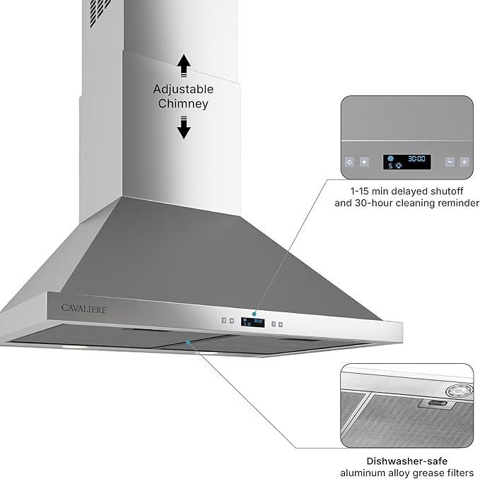 CAVALIERE Value-Focused Wall Mount Range Hood 30 Inch, 3-Year Warranty, 462 CFM, Enhanced Stainless Steel, Ducted/Ductless Range Hood Convertible (Kit Included), Aluminium Mesh Filters, Touch Controls
