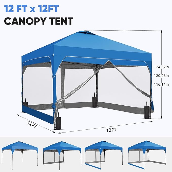 Saemoza 12x12 Pop Up Canopy Tent with One Push Setup, Outdoor Sun Shade Canopy for Backyard Party, Easy Up Instant Shelter with 4 PVC Transparent Sidewalls, 4-Sandbags & Wheel Bag, Blue.