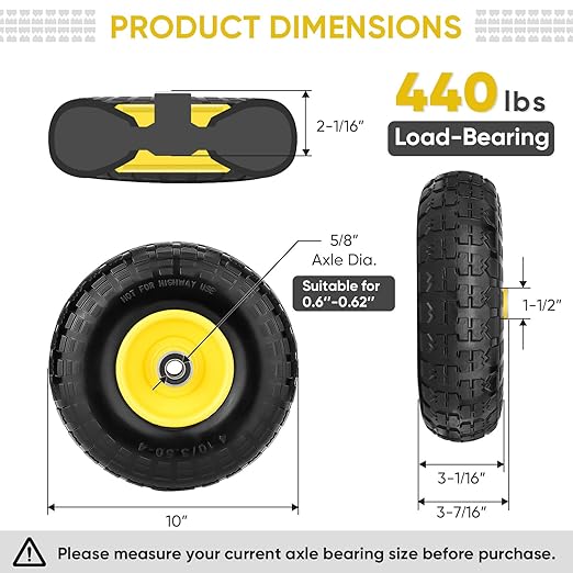 TICONN 10" Solid Tires, 2 Pack Flat Free 4.10/3.50-4'' Wheels with 5/8” Axle Bore Hole and Double Sealed Bearings (Yellow, 2PK)