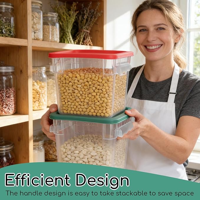 6-Pack 8 Quart Food Storage Container with Lid, Commercial Grade Square Polycarbonate 8 Qt Container with Lid, Handles & Measurement Scales, Airtight Stackable for Kitchen, Restaurant & Home Use