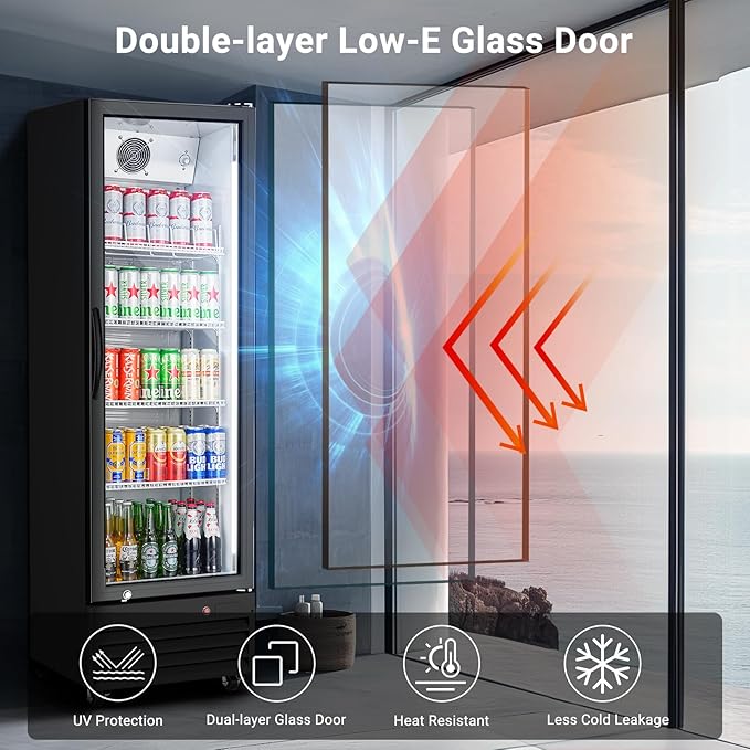 BODEGACOOLER Commercial Beverage Refrigerator with Glass Door,12.5 Cu.Ft Display Merchandiser Drink Refrigerator,Upright Commercial Bar Fridge,Display Drink Cooler,Soft LED Light,Romovable Shelves