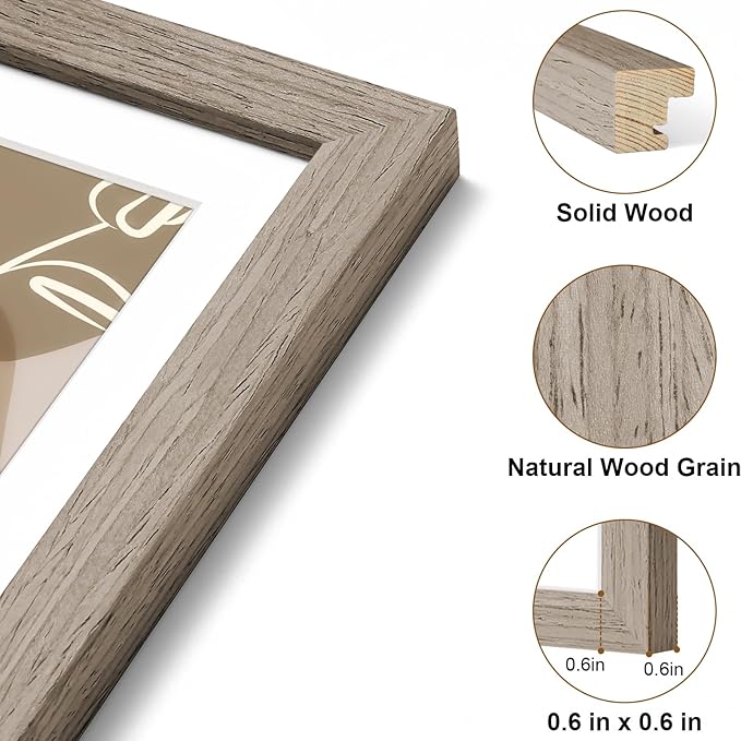 Vittanly 8.5x11 Picture Frame, Solid Wood Frame with Plexiglass, Includes 6x8 Mat, Wall Hanging or Tabletop for Photos, Home Decor, Light Brown, 1 Pack