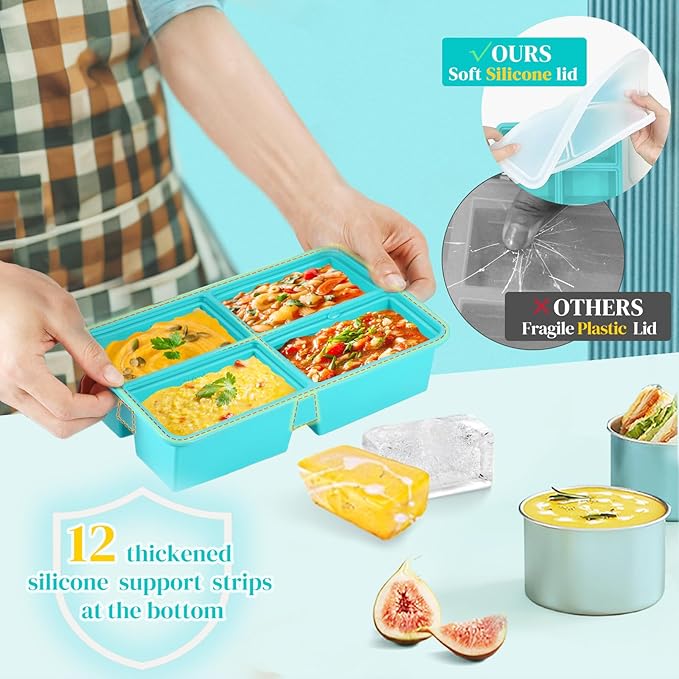 4 Pack Silicone Freezer Trays With Lid - 1 Cup Molds for Soup, Broth, Leftovers - Microwave-Safe Container - Aqua
