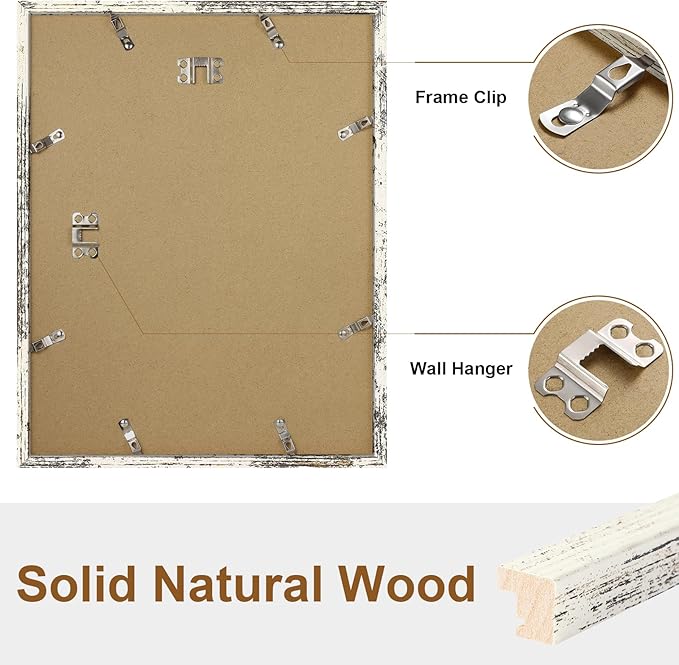 Vittanly 11x14 Picture Frame Set of 2, Solid Wood Frame for Wall Art Photo and Prints, Display Photo 8x10 with Mat or 11x14 without Mat, Distressed White
