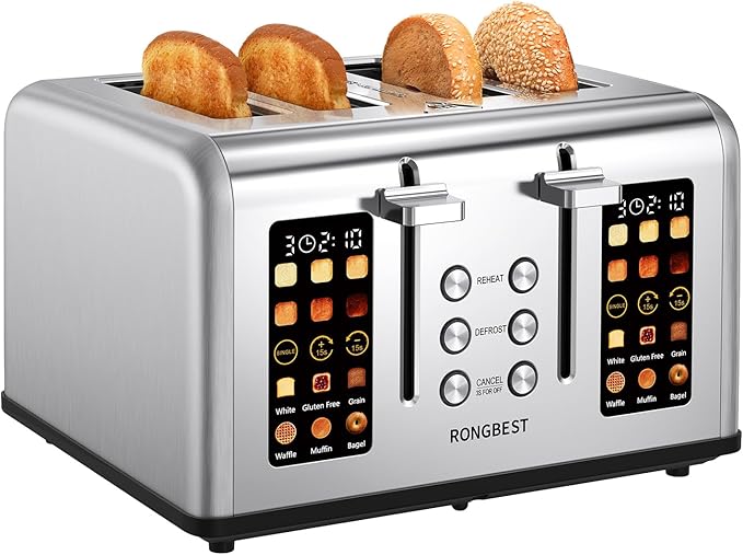 4 Slice Touch Screen Toaster, Easy-to-Use Digital Stainless Steel Toaster with Wide Slots, Reheat Defrost Cancel, Removable Crumb Tray, Silver