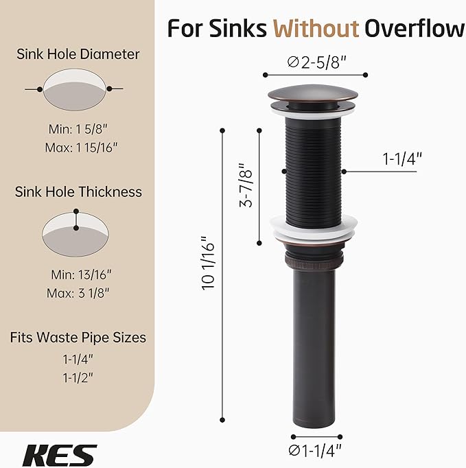 KES Oil Rubbed Bronze Bathroom Sink Drain with Extended Thread, All Metal Pop Up Drain Stopper without Overflow for Thicker Vessel Sinks and Countertops, Brass and Stainless Steel, S2022D-ORB