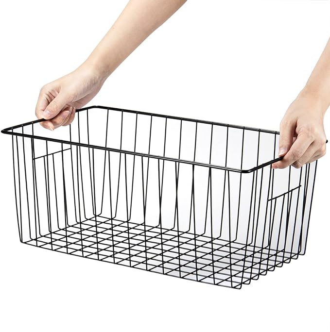 Freezer Organizer Bins - 3 Pack Stand Up Freezer Baskets for 16，17，21 cu.ft Upright Freezer, Wire Storage Baskets with Built-in Handles, Easy to Access Frozen Food Allow Air Circulation, Black