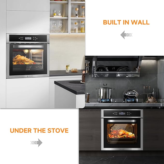 Wall-Oven-24-inch-Wall-Oven, Electric Wall Oven 24 inch, 2.5 Cu.Ft. Single Wall Oven with Frying Basket, 10 Cooking Functions & 8 Shortcut Menu 2800W Built-in Convection Oven