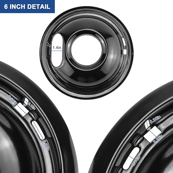 Fetechmate MP15YA MP21YA Electric Stove Burner Element Replacement Set (3) 6" & (1) 8" Black Porcelain Drip Pans Compatible with Whir-pool Electric Range Stove Top