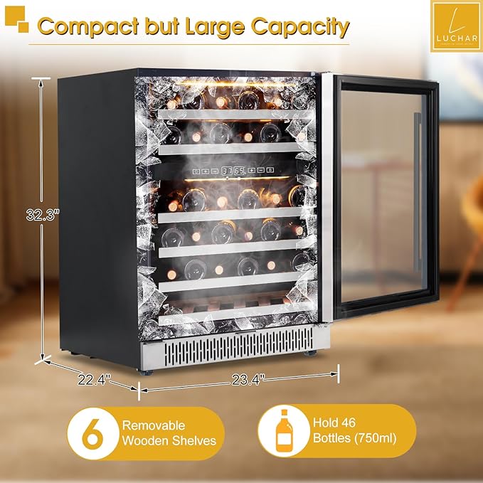 Luchar 24 Inch Wine Cooler Refrigerator, 46 Bottle Dual Zone Built-in or Freestanding Wine Fridge with Double-Layer Tempered Glass Door, Wine Refrigerator for Home, Kitchen, Bar, Office