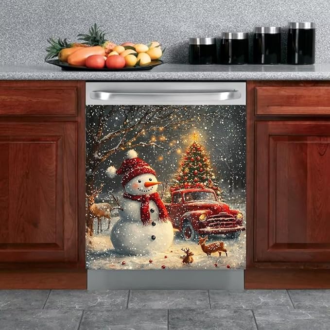 Christmas Snowman Dishwasher Magnet Cover, Winter Deer Dishwasher Cover Panel Decal for Front, Red Truck Magnetic Refrigerator Magnets Holiday Decor Kitchen Appliance Sticker, 26"x26"