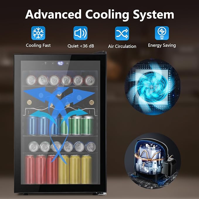 145 Can Beverage Cooler Refrigerator, Wine Cooler 37 Bottle Freestanding Drink Fridge Reversible Glass Door, Quiet Compressor for Home Kitchen Bar, 4.4 Cu.ft Black