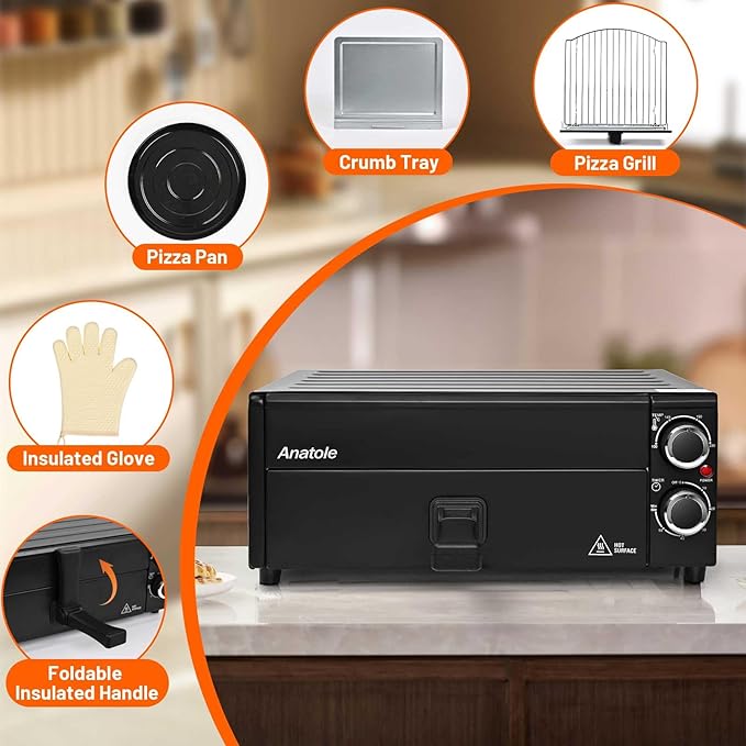 Anatole Electric Pizza Oven 12" 1800W Indoor Countertop Pizza Maker Time Temperature Adjustable Multifunctional Pizza Cooker with Removable Grill Crumb Tray ETL Certified
