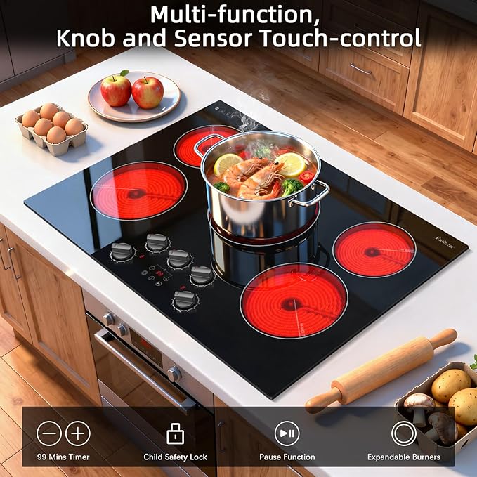 Karinear Electric Cooktop 30 Inch, 5 Burner Radiant Cooktop with Knob & Touch Control, 8500W 240V Built-in Stove Top, 9 Power Levels, Timer, Child Lock, Pause, Residual Heat Indicator(Black Knob)