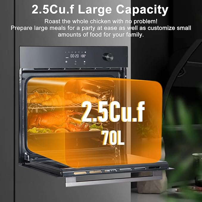 24 Inch Single Wall Oven, Built-in Electric Oven with Convection System & 8 Functions, 2.5 Cu.Ft Capacity, 3000w 240v, Mechanical Knobs Control with Timer