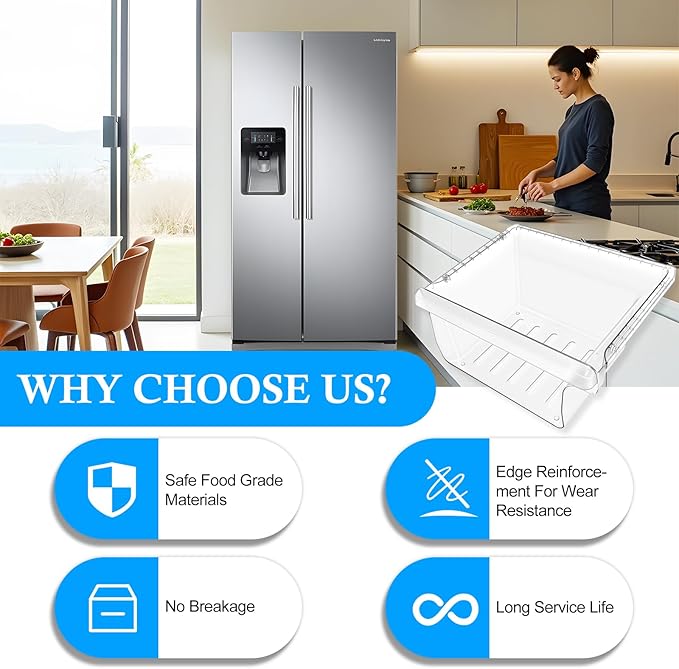 UPGRADED DA97-08692B Refrigerator Crisper Drawer Compatible with Samsung Fridge Drawer Replacement RS25J500DSG RS25J500DSR RS261MDRS RS25H5000SR Drawer for DA97-08692A Samsung Refrigerator Drawer