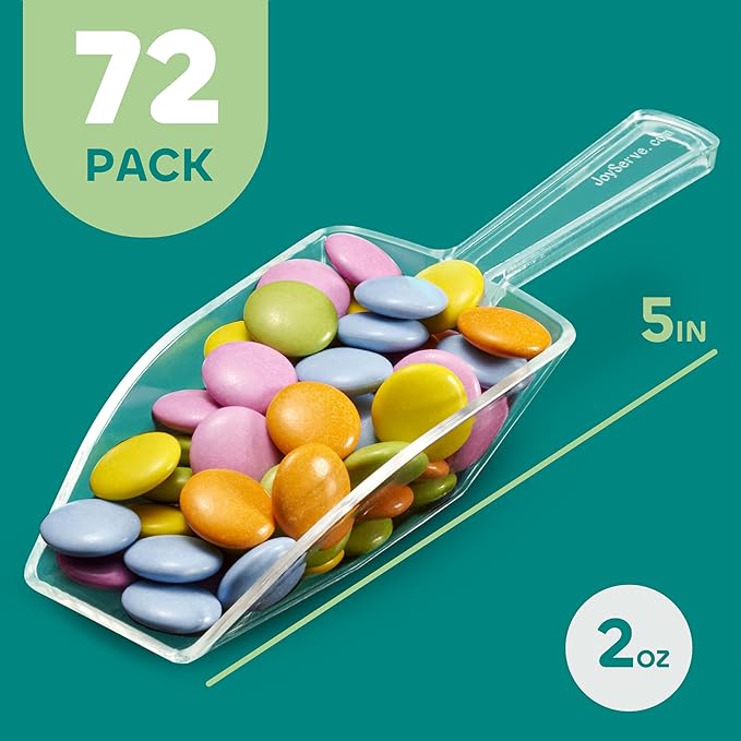 72-Mini Clear Acrylic Plastic Scoops for Candy - Ice Cream Bar, Jars, Containers, Coffee, Flour, Dessert Toppings, Buffets, Kitchen, Weddings, Parties & Concessions, Candy Buffet, 5.5" Candy Scoops
