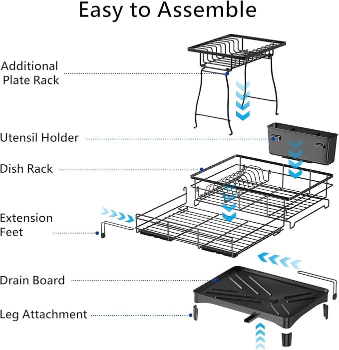 MIKEE 2-Tier Dish Drying Rack for Kitchen Counter, Expandable Rustproof Dish Drainer - Over The Sink Dish Drying Rack with 360° Rotating Drain, Kitchen Utensil Holder, Home and Kitchen Organization