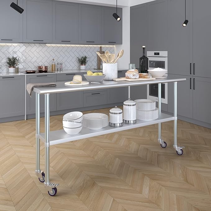 AmGood 72" Long x 18" Deep Stainless Steel Table with Casters