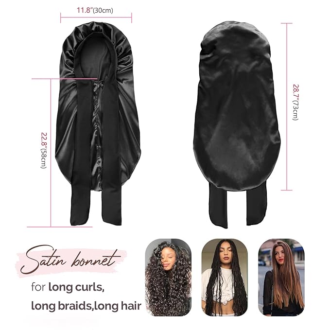 YANIBEST Long Bonnet Satin Bonnet for Sleeping Braid Bonnet with Tie Band Silk Sleep Bonnet for Women Locs Black