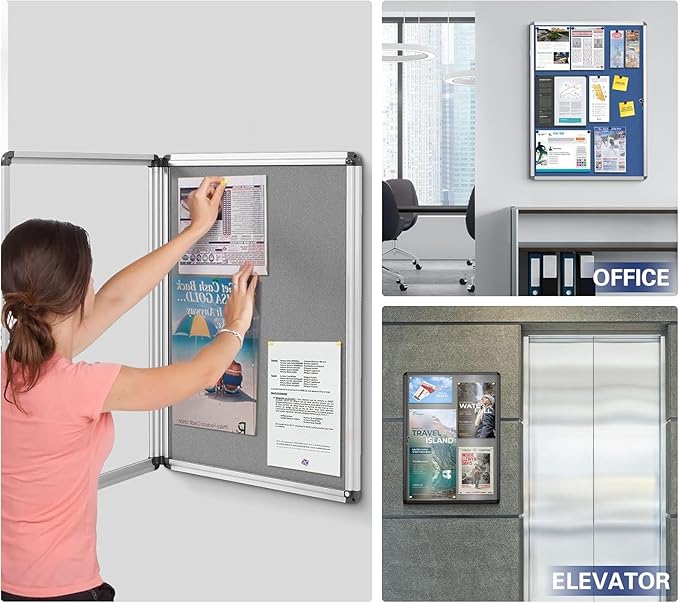 SWANCROWN Enclosed Noticeboard Grey Frabric Bulletin Boards Lockable Display Case Tamperproof with Keys Pins,38x14inch