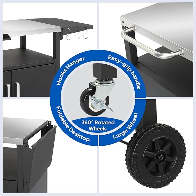 ROVSUN Gourmet Grill Cart with Storage, Movable Grill Table with Wheels, Hooks and Spice Rack, Stainless Steel Top & Storage Cabinet, Pizza Oven Cart for Camping, Tailgating, and Outdoor Cooking