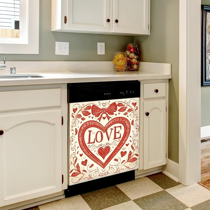Valentine's Day Bow Love Flower Dishwasher Magnet Cover, Reusable Refrigerator Panel Stickers Microwave Front Door Covers Magnets for Kitchen Home Appliances Holiday Party Decorations 23 X 26 in