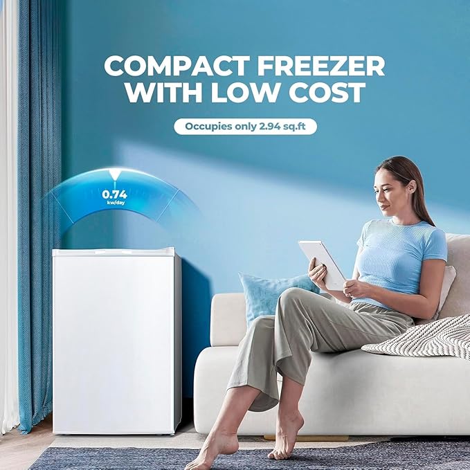 3.0 Cu.ft Small Freezer, Mini Upright Freezer with 7 Adjustable Thermostat, Removable Shelves, Reversible Single Door, for Bedroom/Home/Dorms/Apartment (White)