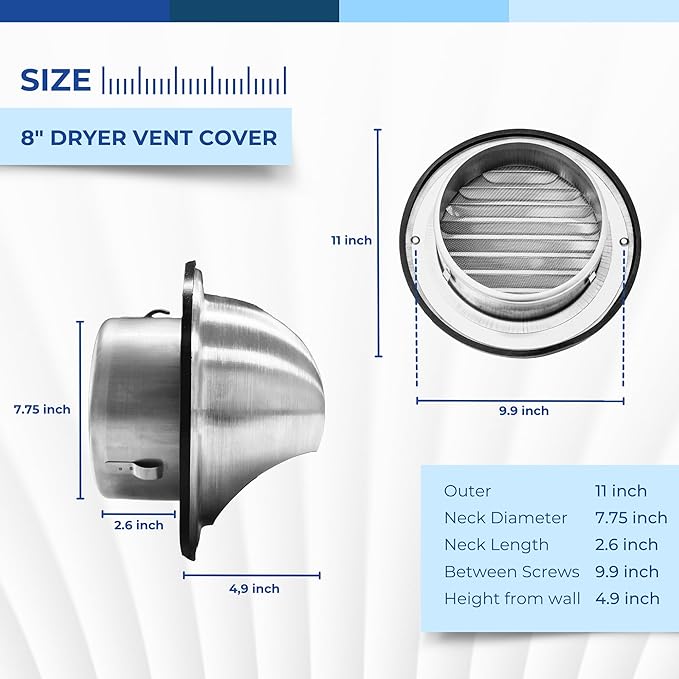 Fits 8" Neck Dryer Duct | Stainless Steel Round Exhaust Air Dryer Vent Cover Hood with Rubber Seal - Rust-Resistant, Weatherproof and Efficient Airflow Exterior Wall Outlet Duct Ventilation Grille