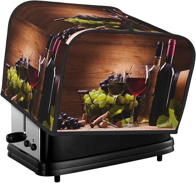 Red Wine Glasses Grape Wooden 4 Slice Toaster Cover, Waterproof Toaster Dust Bread Maker Protective Cover For Small Kitchen Appliance Dining Room Table Home Decor Gifts