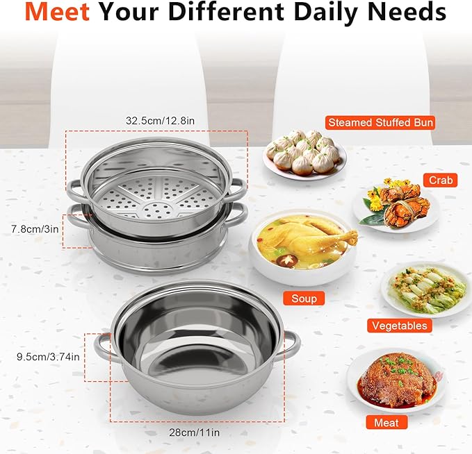3-Tier Stainless Steel Steamer Pot for Cooking, 11"L Food Steam Pots with Transparent Lid & Rivets Handles, Multi-functions Kitchen Cookware for Cooking, Steaming and Boiling