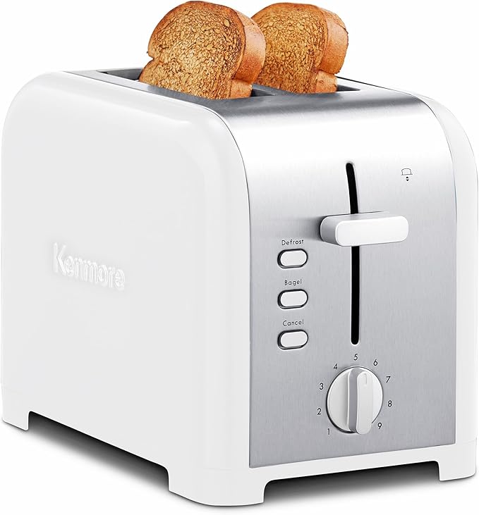 Kenmore toaster 2 slice - extra wide slot countertop kitchen appliance, defrost function, tostador de pan, 9 shade settings, easy clean crumb tray, bread bagel, stainless steel & White