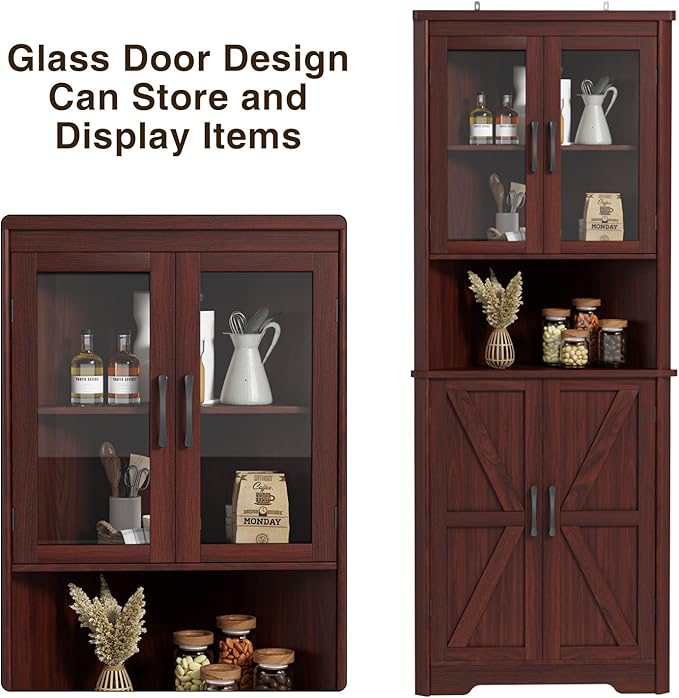 67''H Dark Brown Tall Corner Storage Cabinet with 4 Tempered Glass Doors and Barn Doors, Home Space Saver Decoration Farmhouse Cabinet with 5 Adjustable Shelves for Kitchen, Living Room