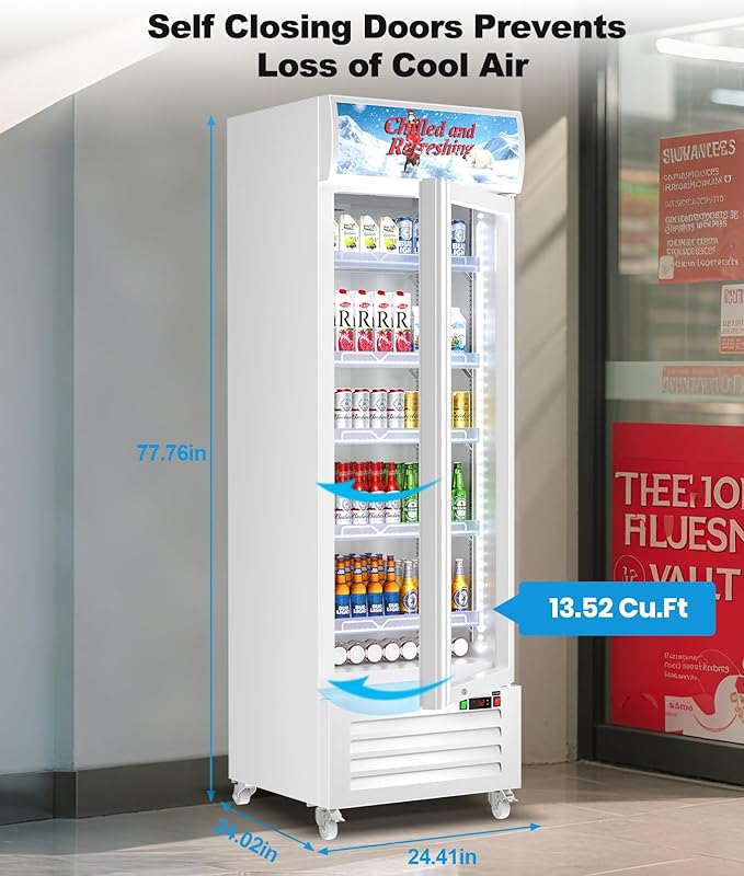 Tylza Commercial Refrigerator with Glass Door Display Beverage Fridge, 13.52 Cu Ft Upright Beverage Cooler Merchandiser with Rebound Door, Fast Cooling, Low Noise, White